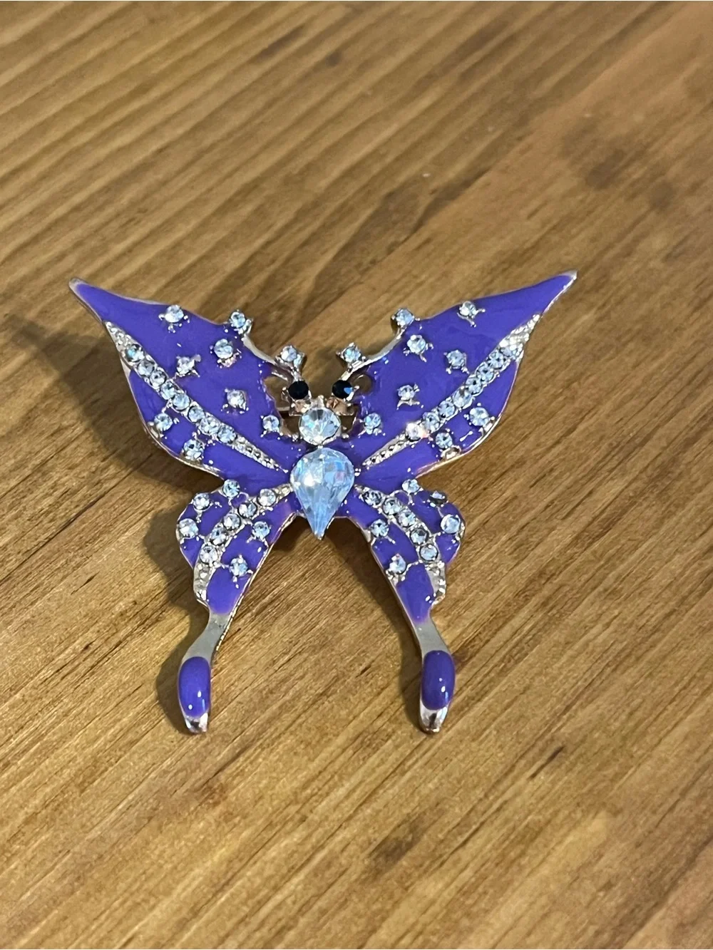 Purple monarch butterfly brooch gold tone purple enamel rhinestones 1 1/2”